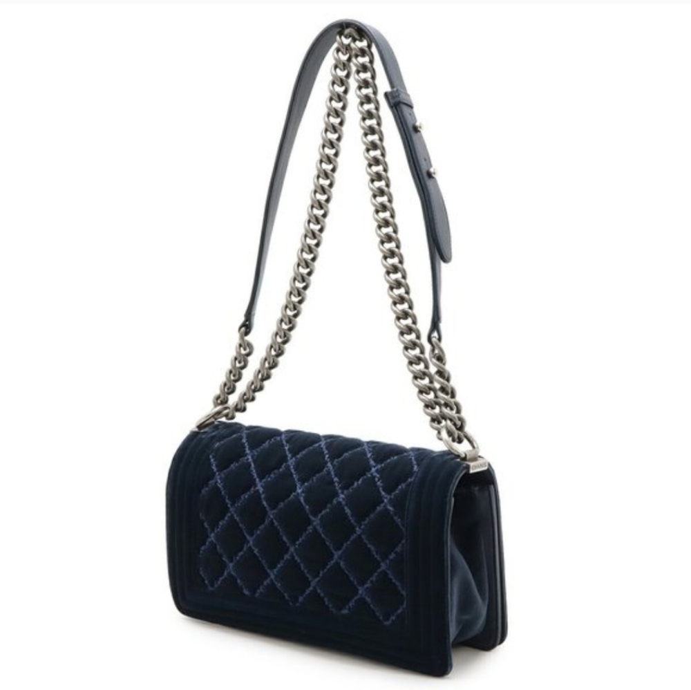 Like NEW! CHANEL BOY BAG WILD STITCH SUEDE LIKE VELVET TWEED LIKE IN NAVY BLUE! - Picture 4 of 16